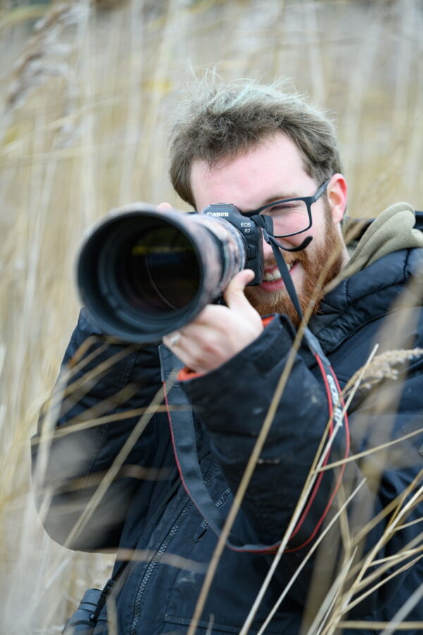 Reportage Foto, Bufdi im Schilf beim Fotografieren